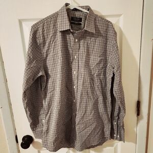 Nordstrom Blue Tan Plaid Oxford Shirt Wrinkle Free 16 Neck 34-35 Trim Fit EUC